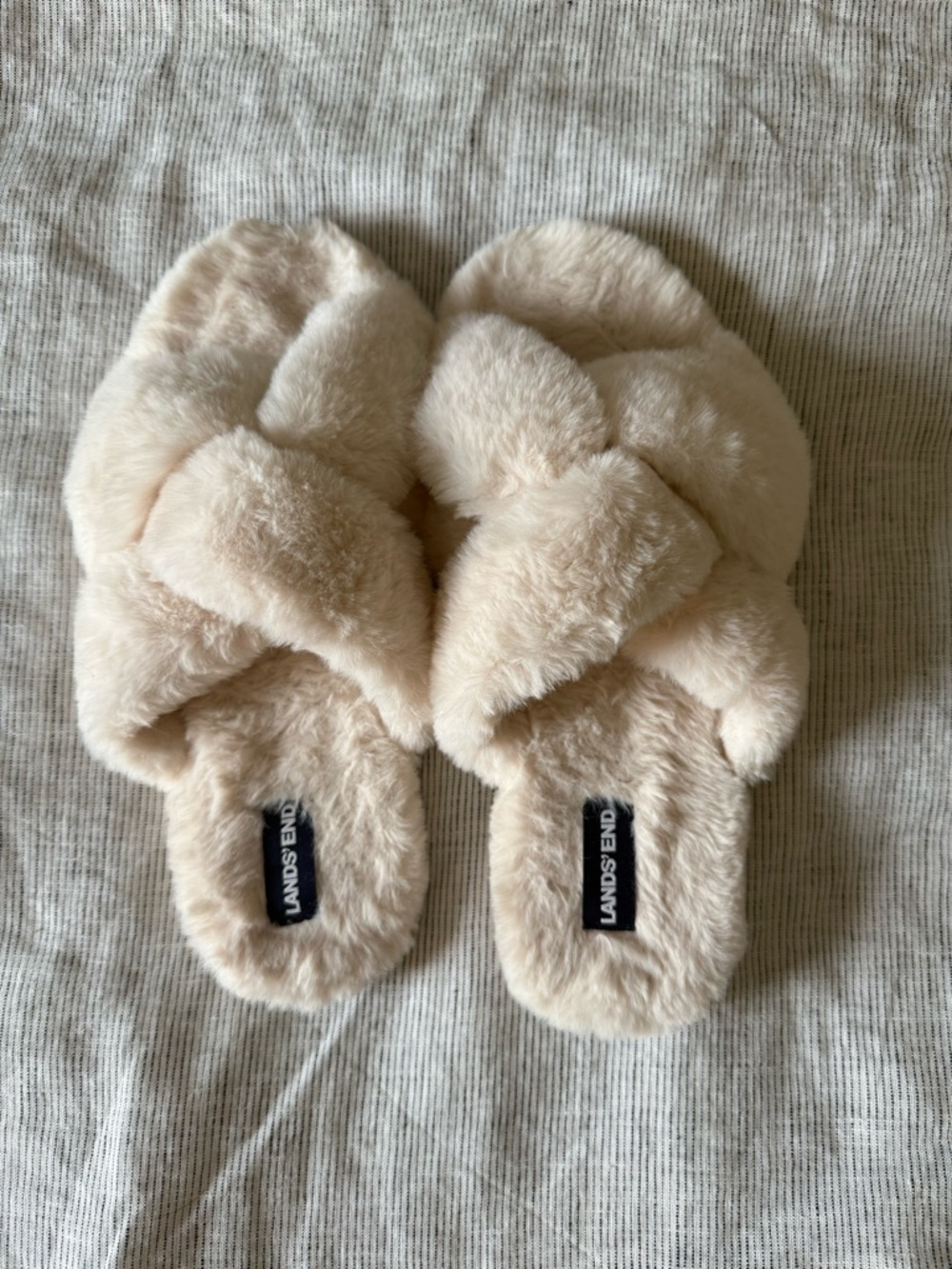 Lands' End Cream Faux Fur Crisscross Slide Slippers